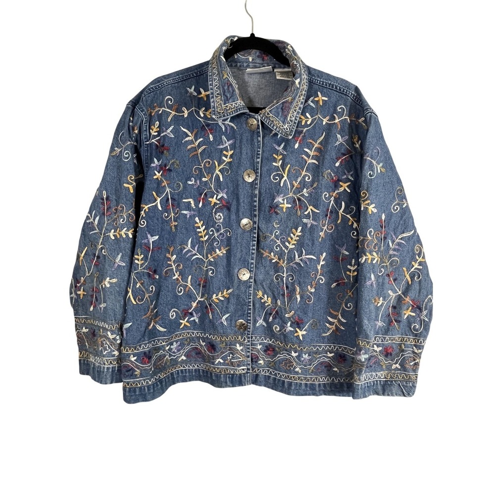 Denim Floral Jacket XL Blue Embroidery Western Boho Cowgirl Preppy